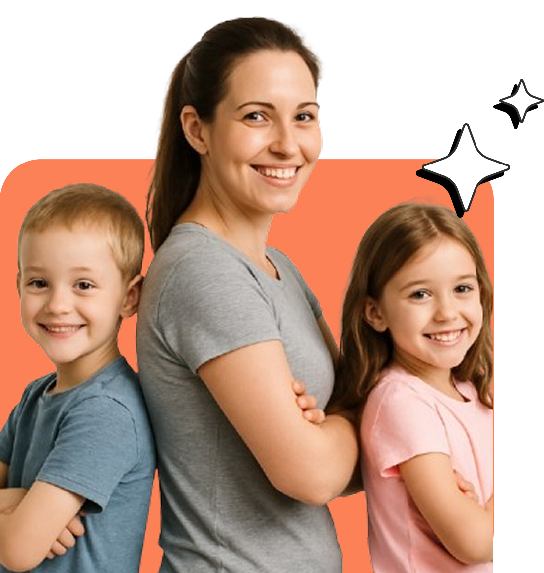 Mother and a boy and a girl standing together with their arms folded